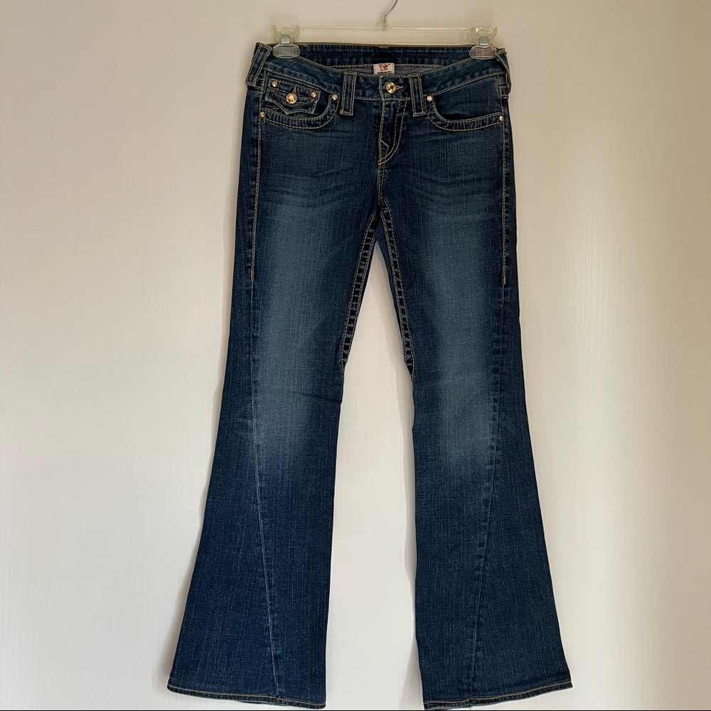 TRUE RELIGION RARE Yellow Crystal Button Flare Jeans Western Glam Bootcut Beauty - Picture 2 of 16